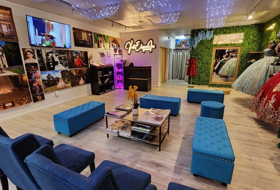 Just Elegance boutique interior with quinceañera gowns